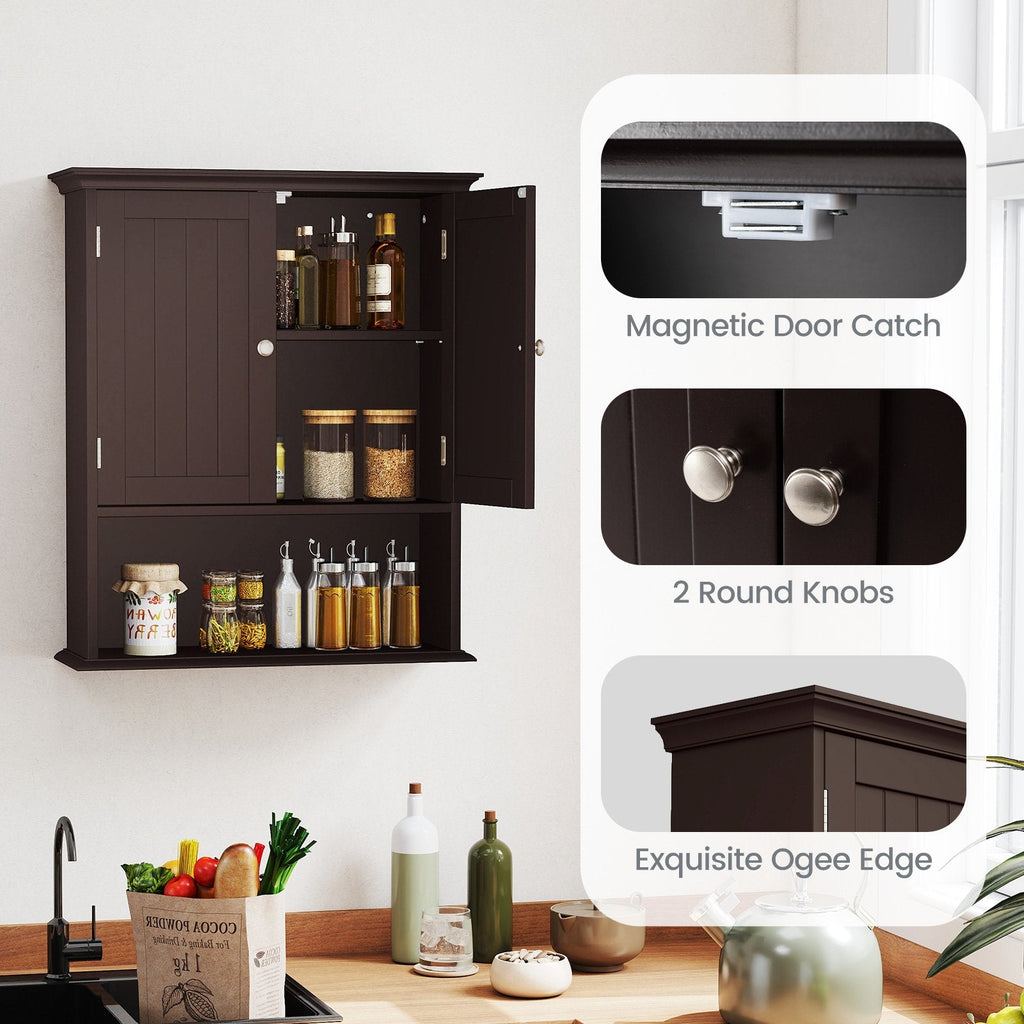 Wall Mount Bathroom Cabinet Storage Organizer with Doors and Shelves-Brown