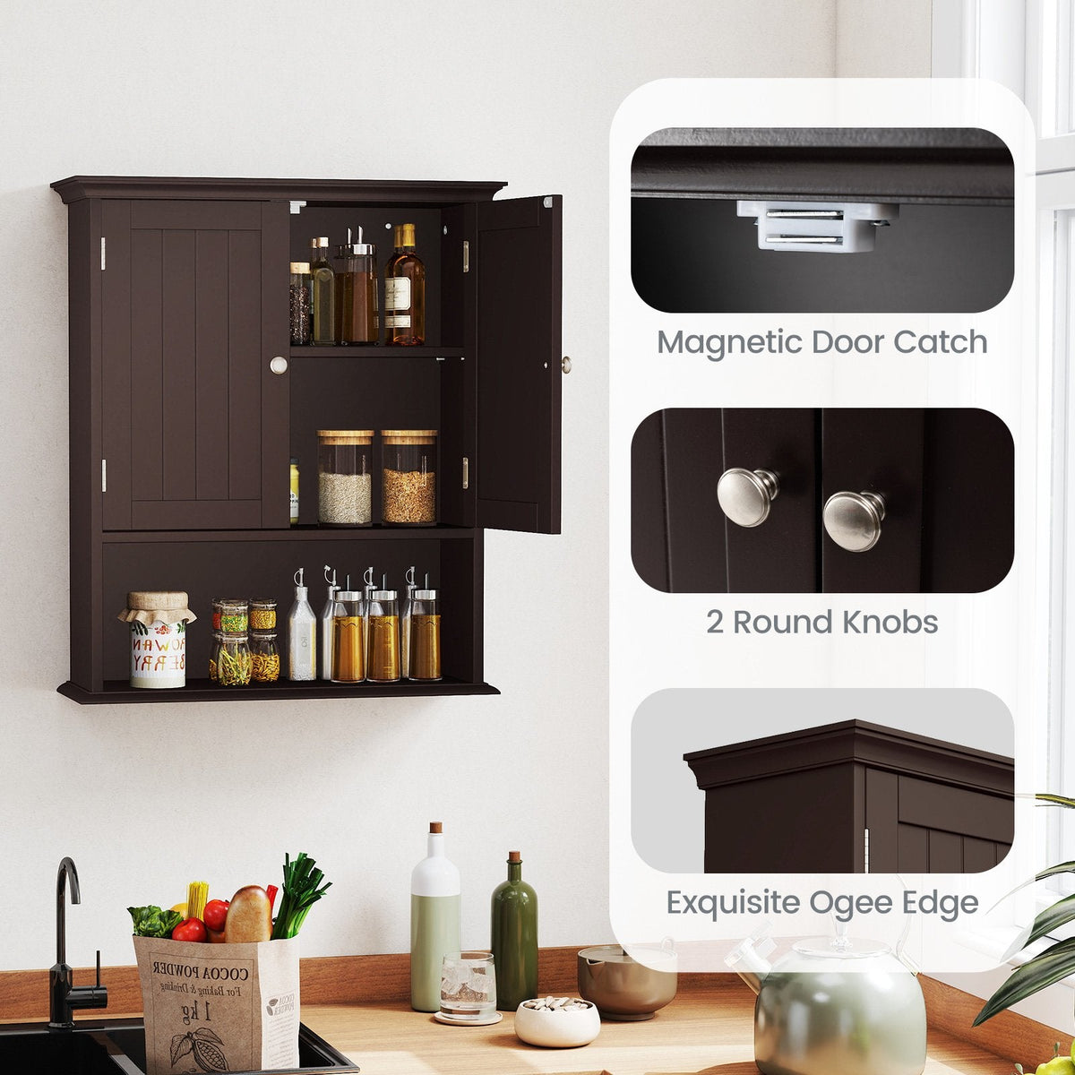 Wall Mount Bathroom Cabinet Storage Organizer with Doors and Shelves-Brown
