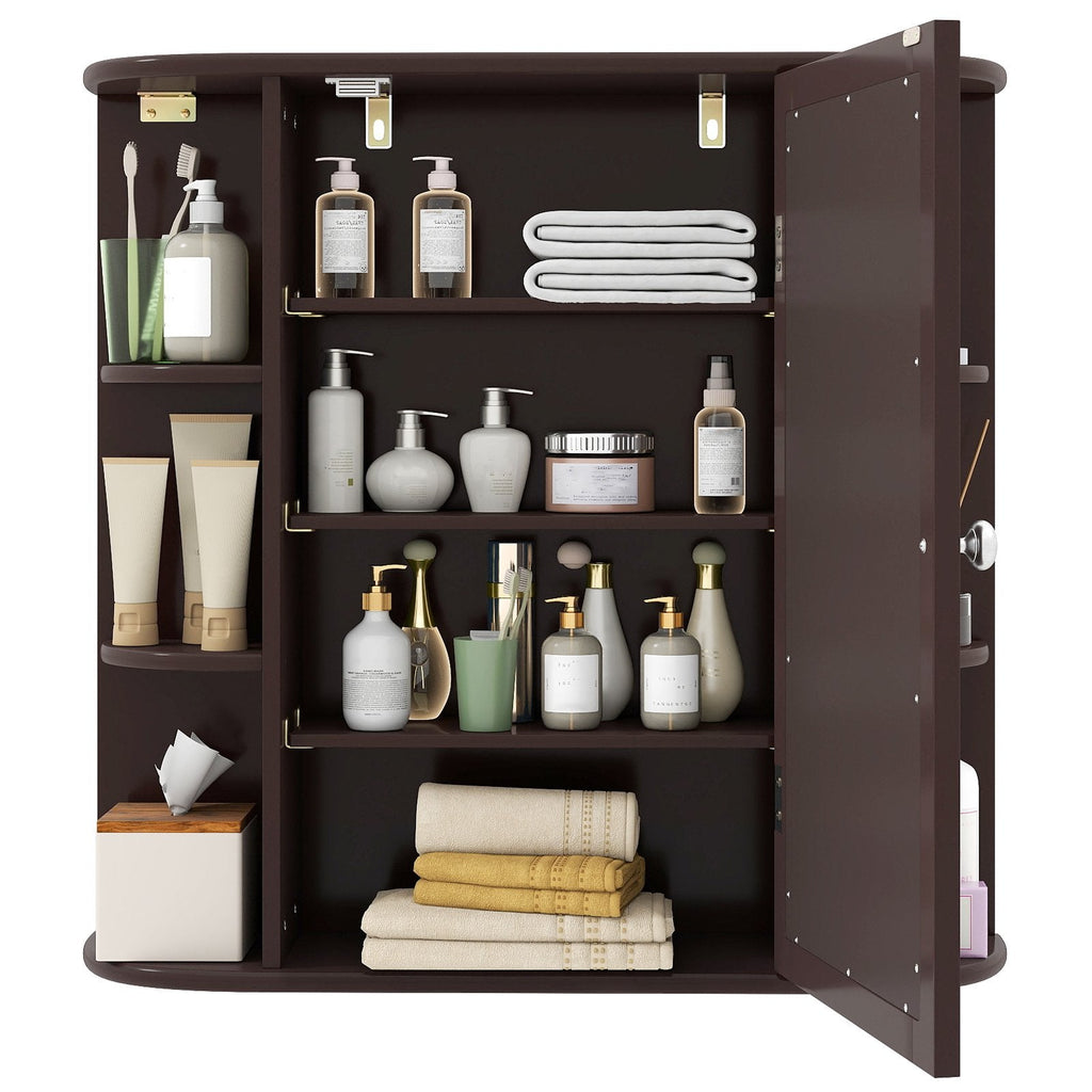 Wall-Mounted Bathroom Mirror Cabinet with Storage Shelves-Brown