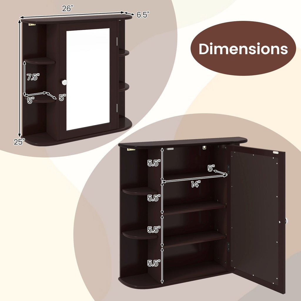Wall-Mounted Bathroom Mirror Cabinet with Storage Shelves-Brown