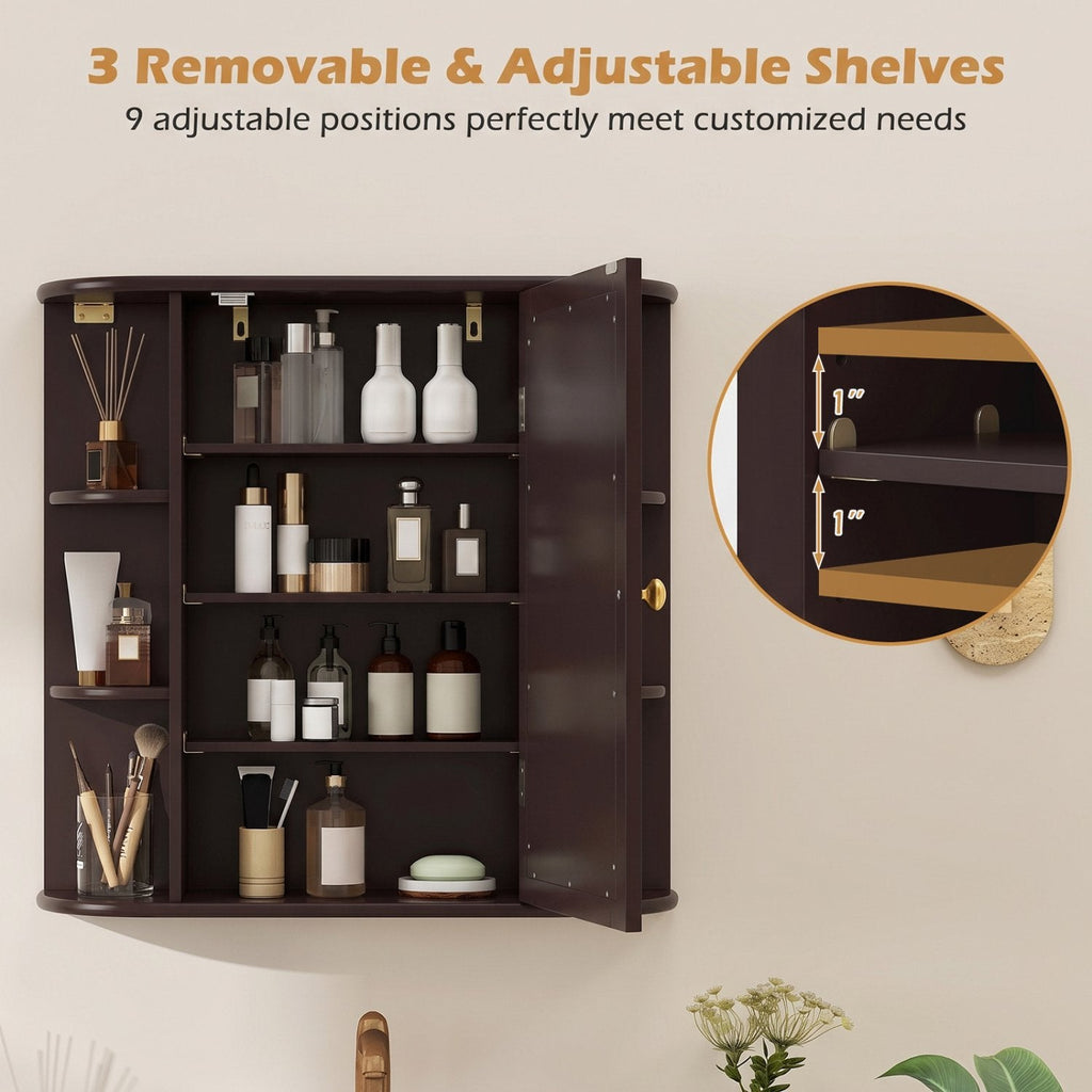 Wall-Mounted Bathroom Mirror Cabinet with Storage Shelves-Brown