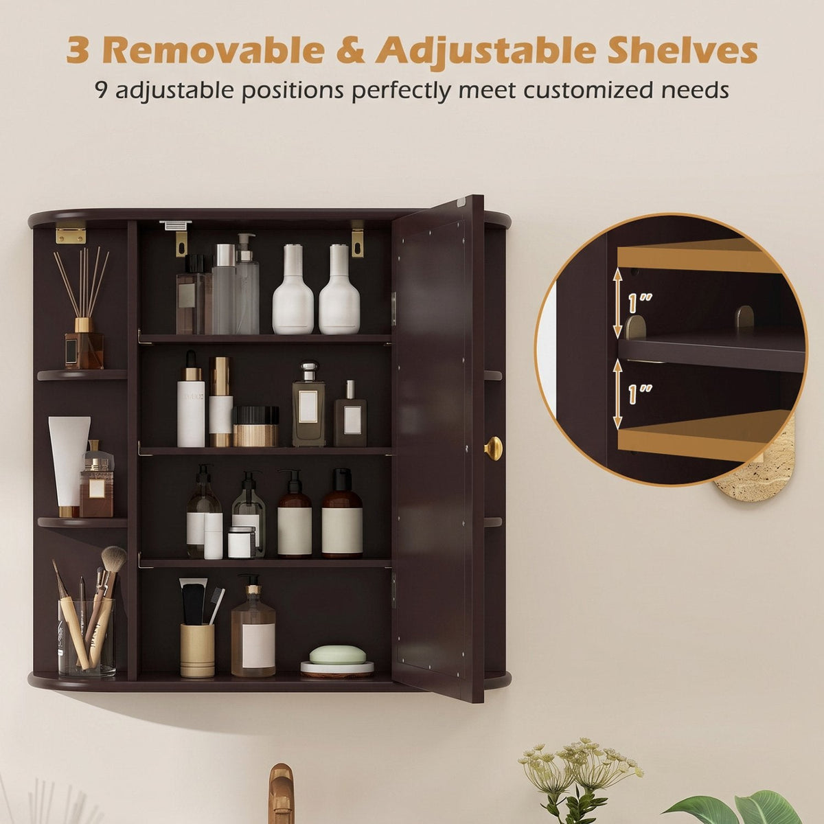 Wall-Mounted Bathroom Mirror Cabinet with Storage Shelves-Brown