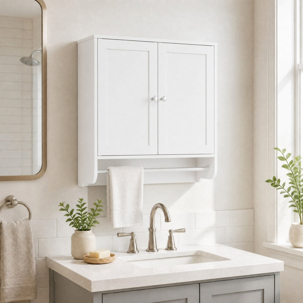 Wall Mounted Bathroom Storage Medicine Cabinet with Towel Bar-White