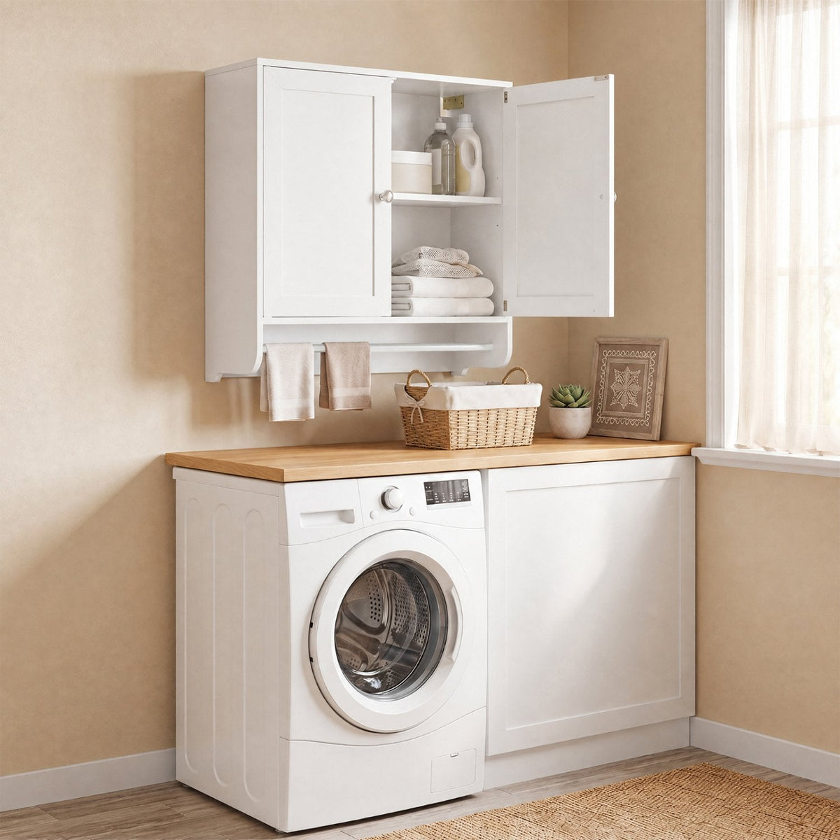 Wall Mounted Bathroom Storage Medicine Cabinet with Towel Bar-White