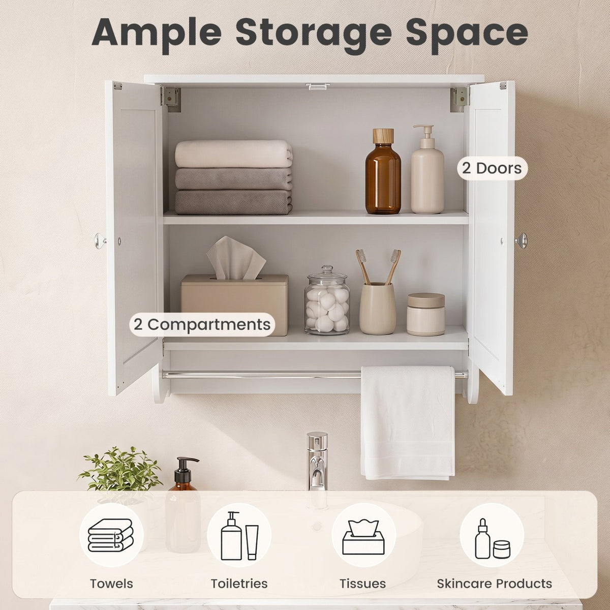 Wall Mounted Bathroom Storage Medicine Cabinet with Towel Bar-White