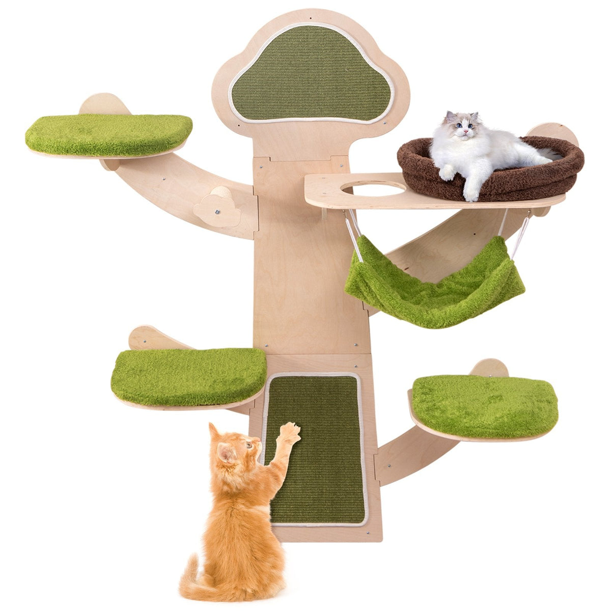 Green Wall Mounted Cat Shelf Set with Hammock, Bed and Five Levels