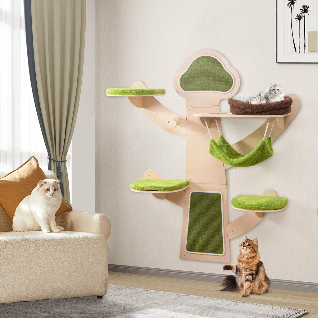 Green Wall Mounted Cat Shelf Set with Hammock, Bed and Five Levels