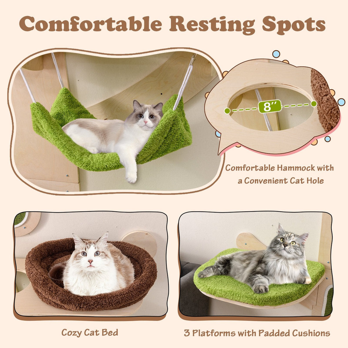 Green Wall Mounted Cat Shelf Set with Hammock, Bed and Five Levels