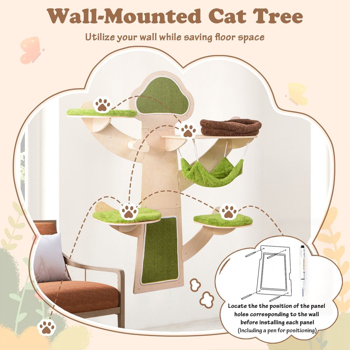 Green Wall Mounted Cat Shelf Set with Hammock, Bed and Five Levels