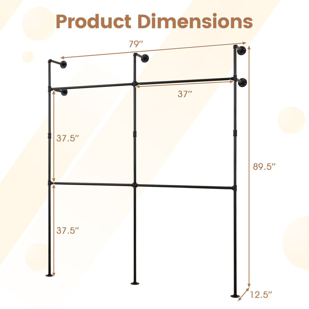 Wall Mounted Pipe Clothing Rack with 4 Hanging Rods-Black