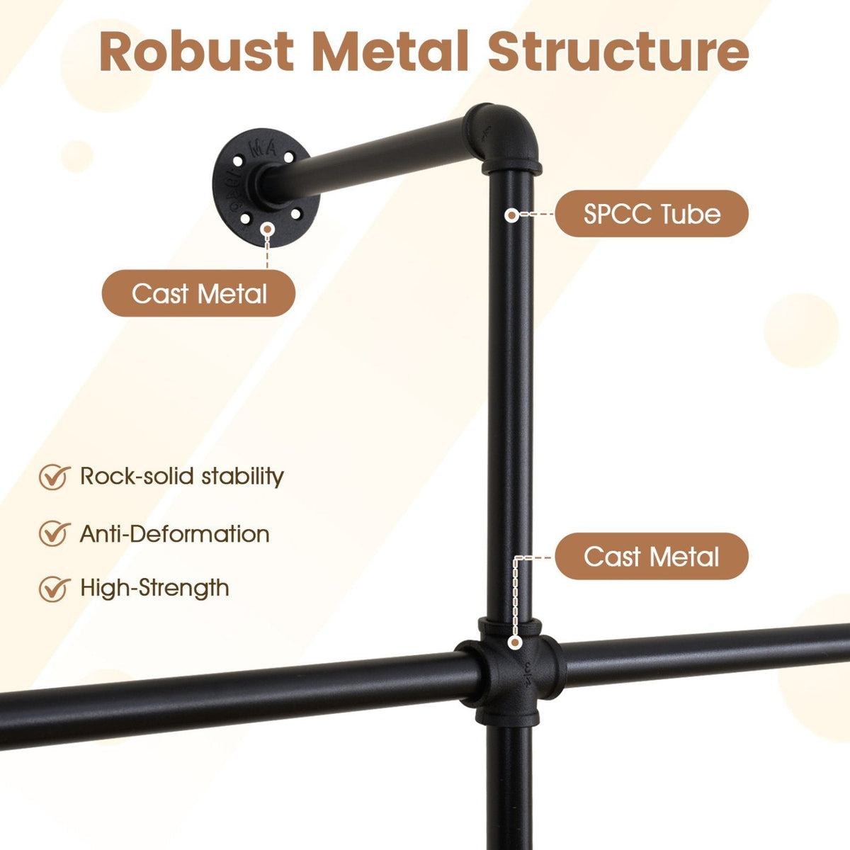 Wall Mounted Pipe Clothing Rack with 4 Hanging Rods-Black