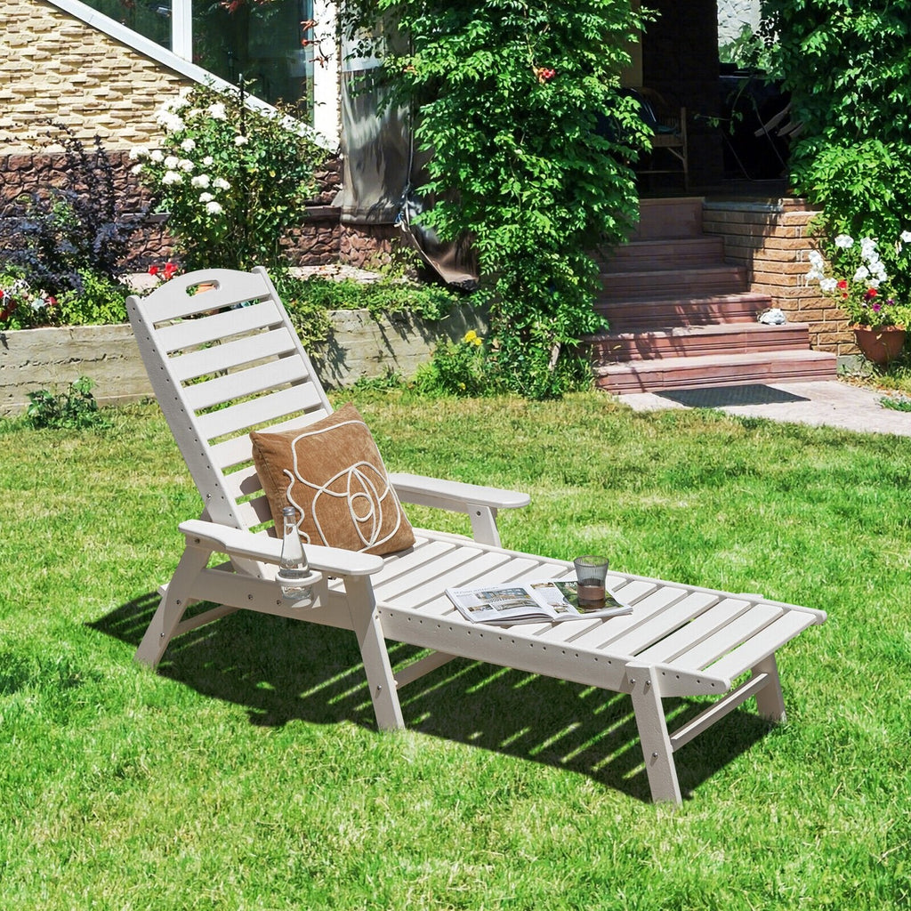Weatherproof HDPE Lounge Chair with Moveable Cup Holder and 5 Positions, White