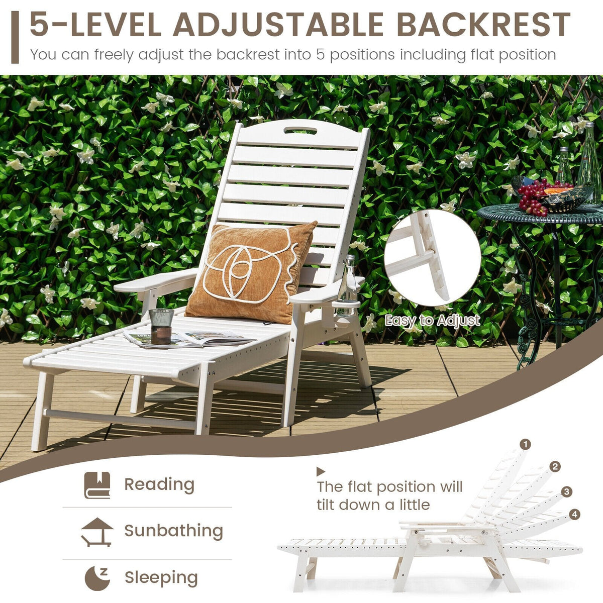 Weatherproof HDPE Lounge Chair with Moveable Cup Holder and 5 Positions, White
