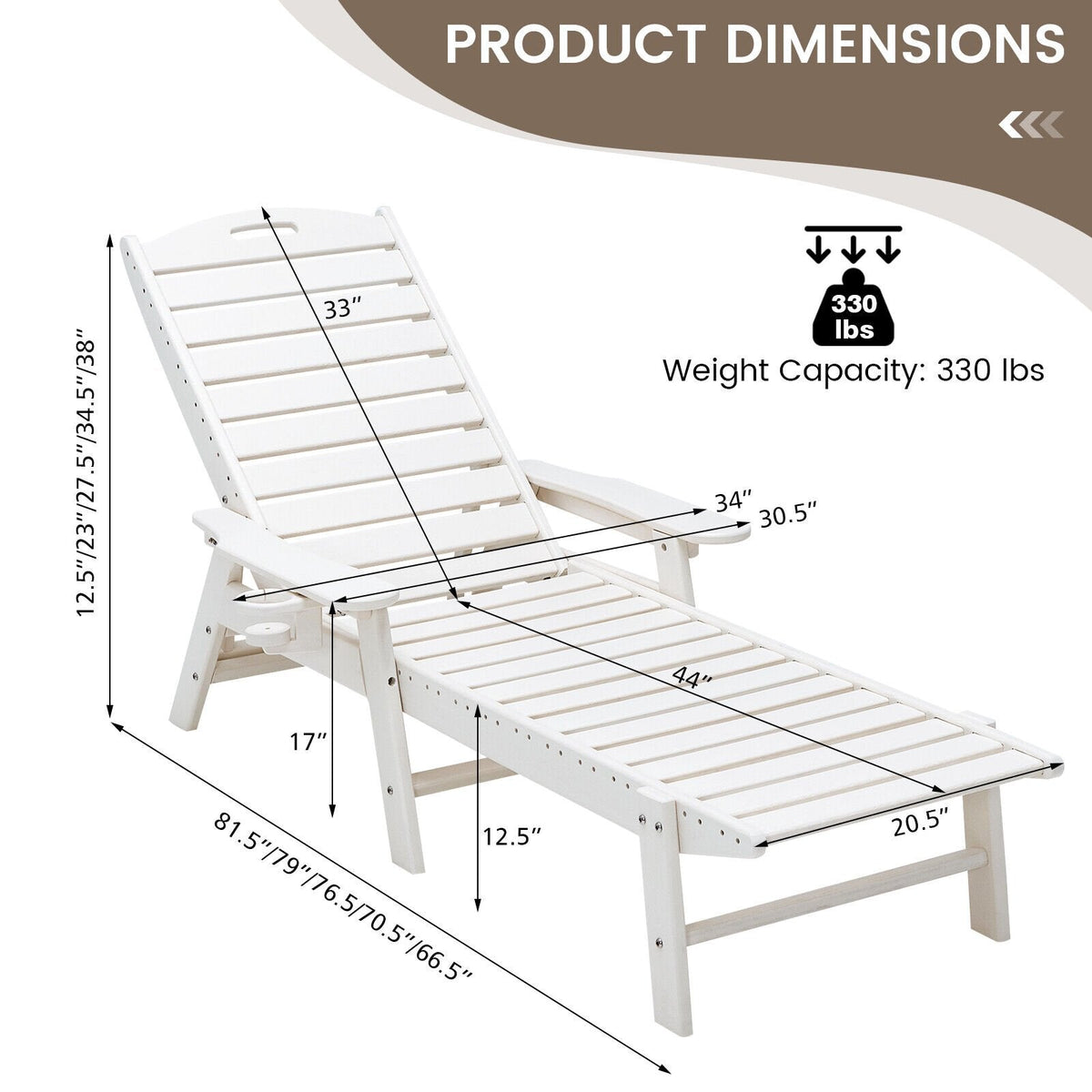 Weatherproof HDPE Lounge Chair with Moveable Cup Holder and 5 Positions, White