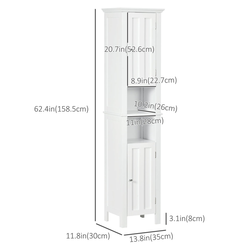 Bathroom Cabinet, Freestanding Linen Cabinet with Open Shelves, 13.8" x 11.8" x 62.4", White