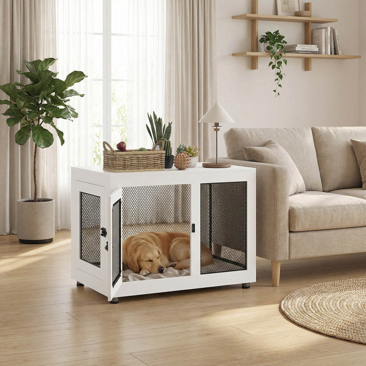 Pet Crate End Table with Water-resistant Cushion or Large Medium Dogs, Black