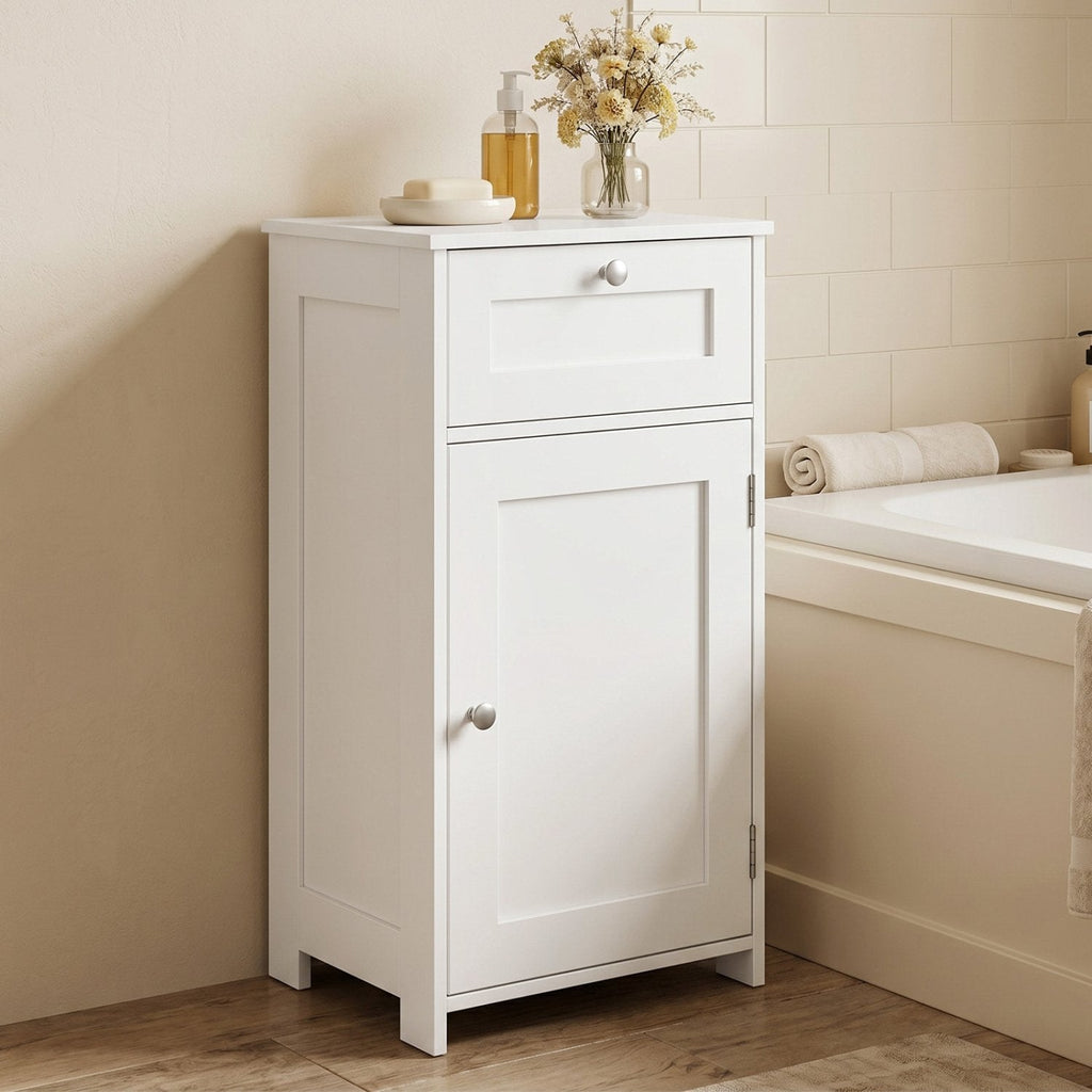 Single Door Bathroom Cabinet with Adjustable Shelf and Drawer-White