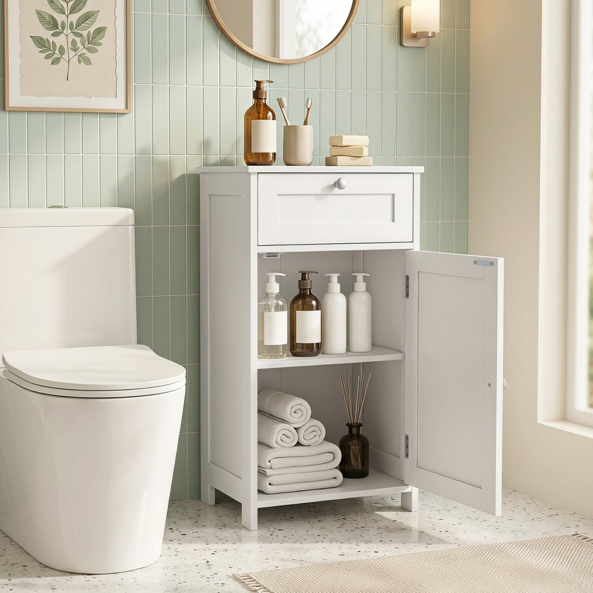 Single Door Bathroom Cabinet with Adjustable Shelf and Drawer-White