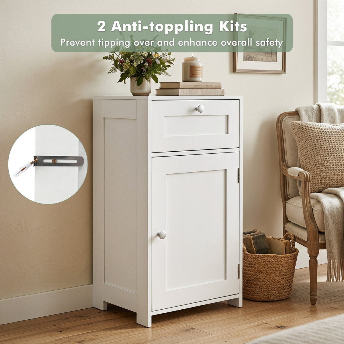 Single Door Bathroom Cabinet with Adjustable Shelf and Drawer-White