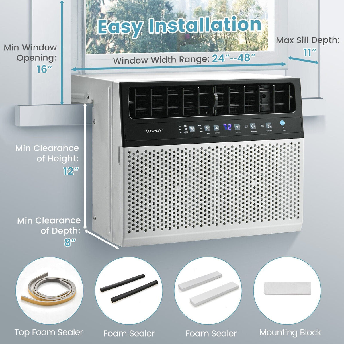 10000 BTU Window Air Conditioner with Remote and LED Control Panel, 250 sq ft, 42 dB