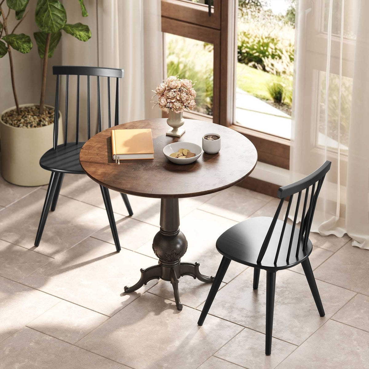 Set of 2 Windsor Dining Chairs with Seven Spindle Harp Back, Black
