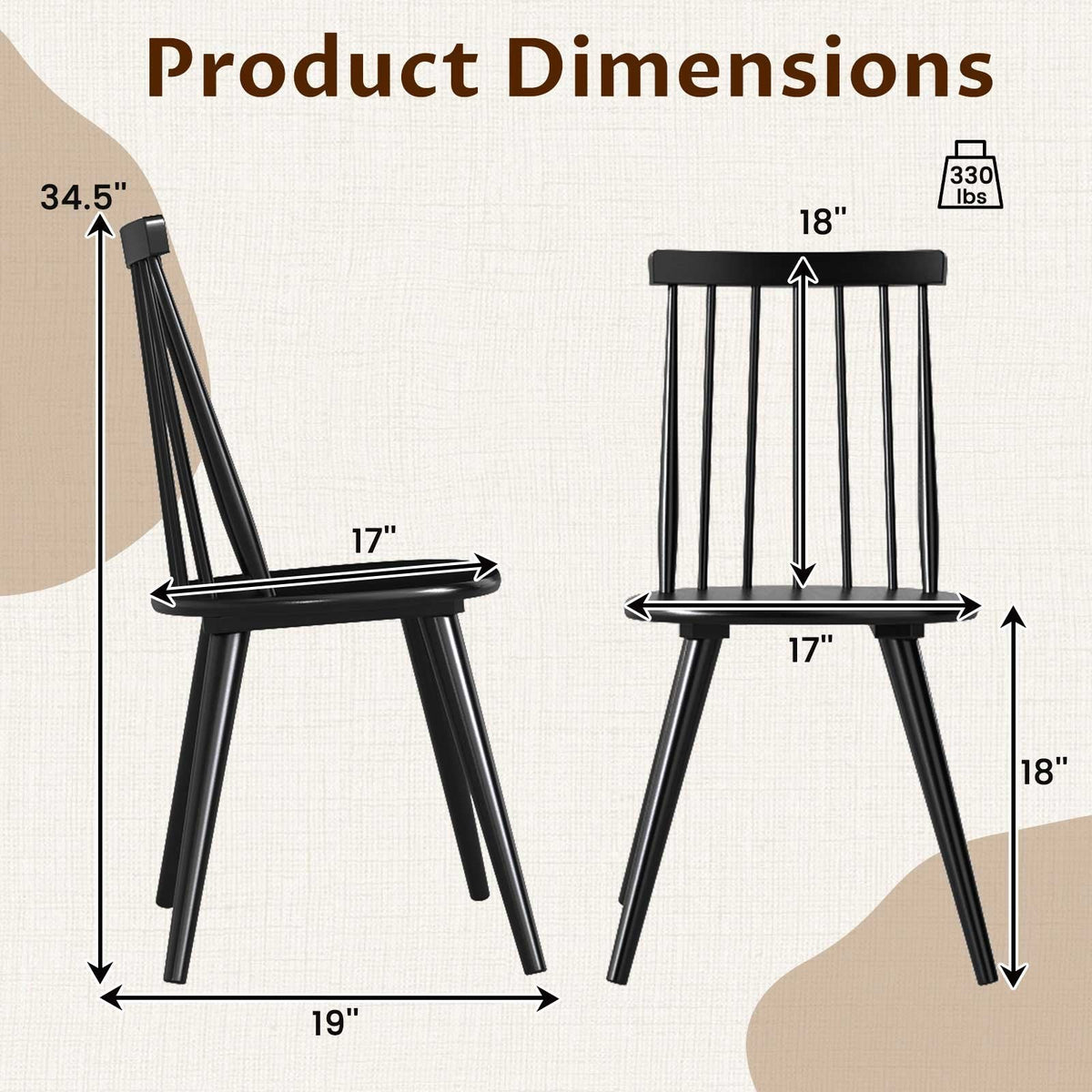Set of 2 Windsor Dining Chairs with Seven Spindle Harp Back, Black