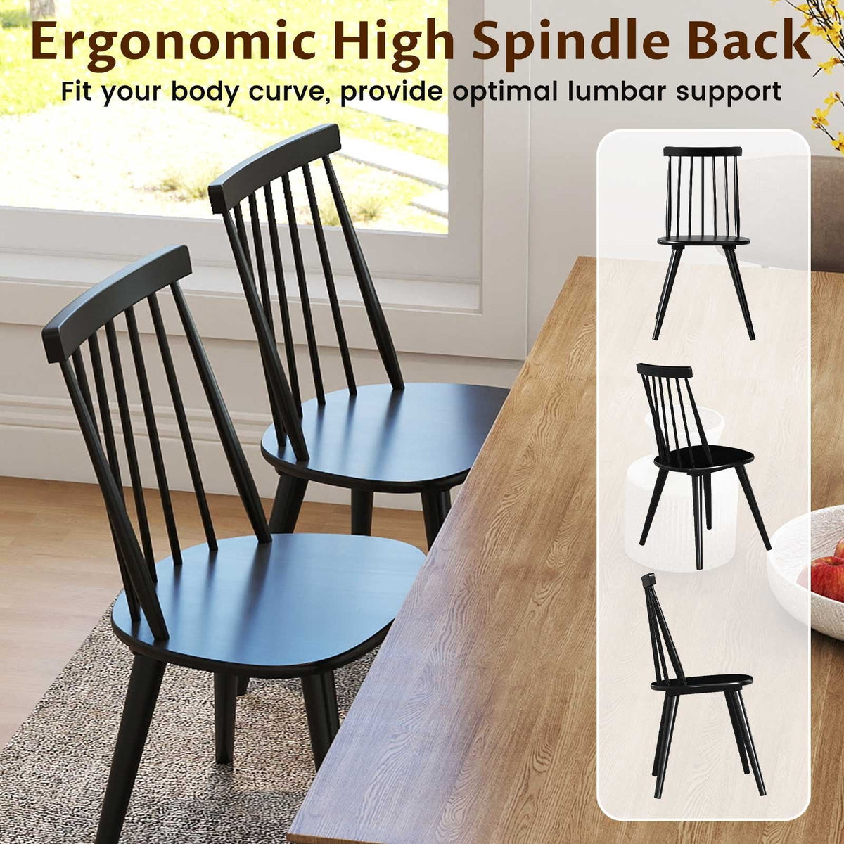 Set of 2 Windsor Dining Chairs with Seven Spindle Harp Back, Black