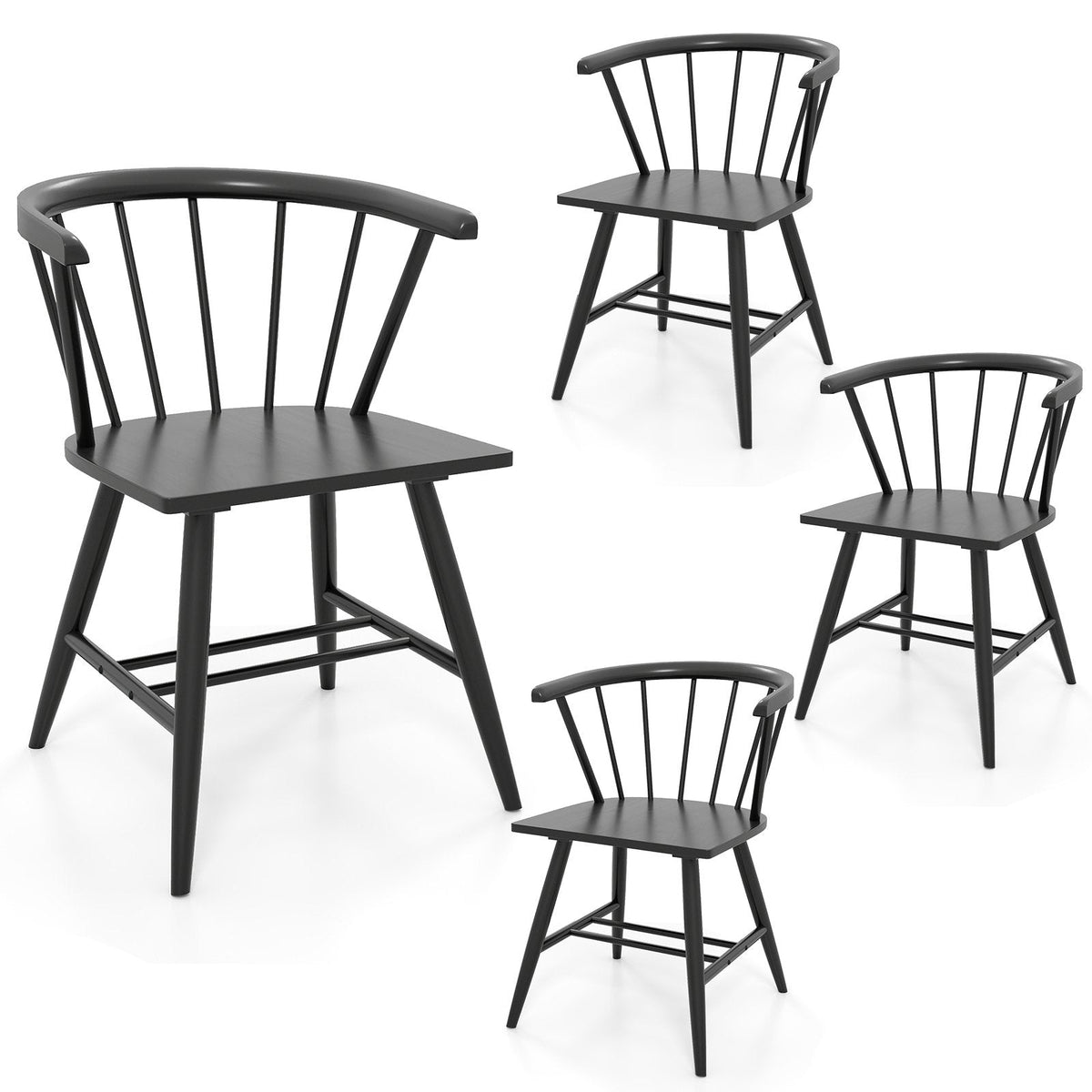 Set of 4 Windsor Captain Chairs with Curved Spindle Back and Arms, Black