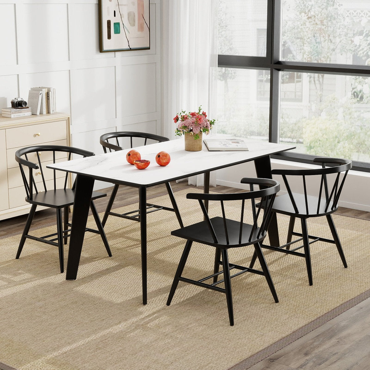 Set of 4 Windsor Captain Chairs with Curved Spindle Back and Arms, Black