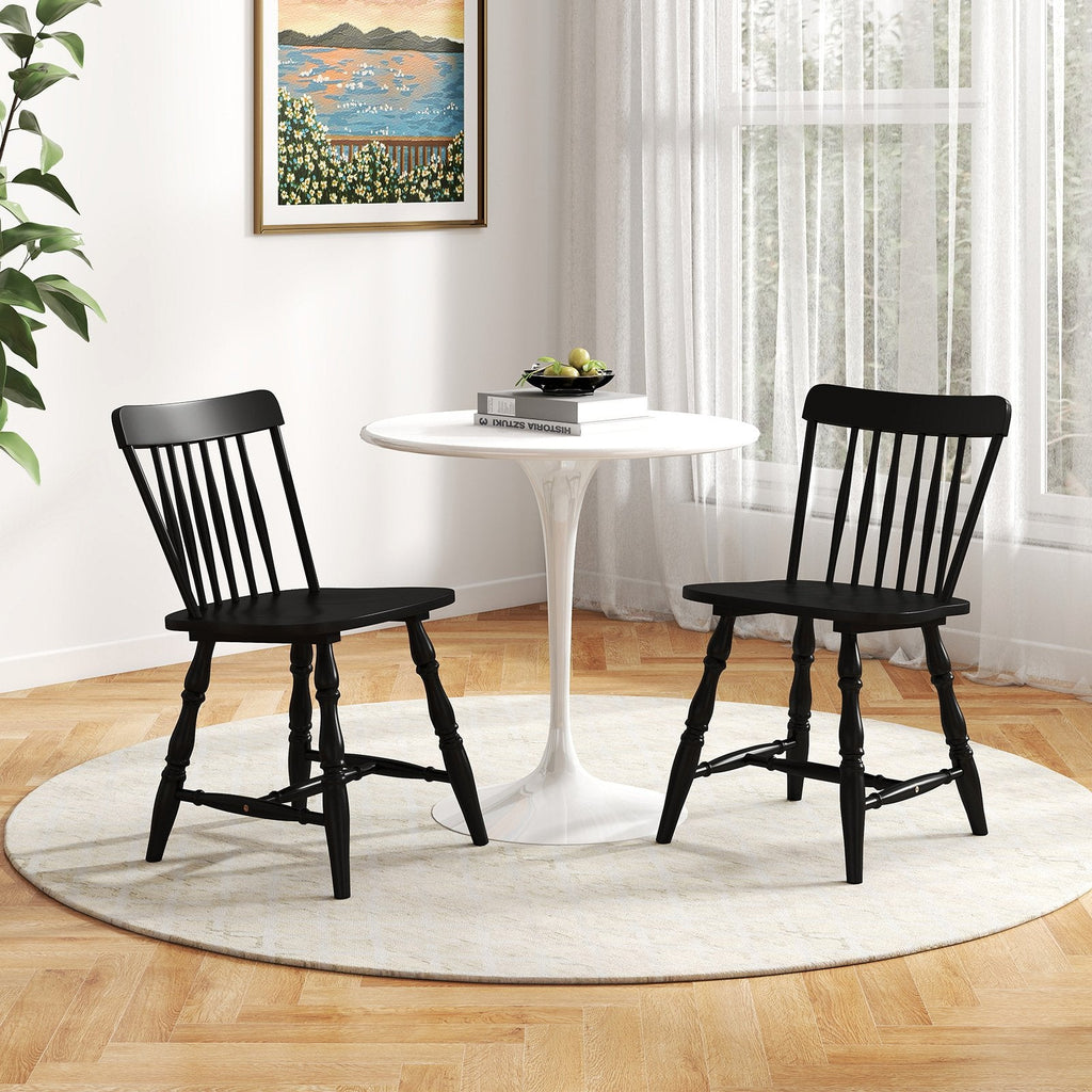 Set of 2 Windsor Dining Chairs with Curved Spindle Back and Turned Legs, Black