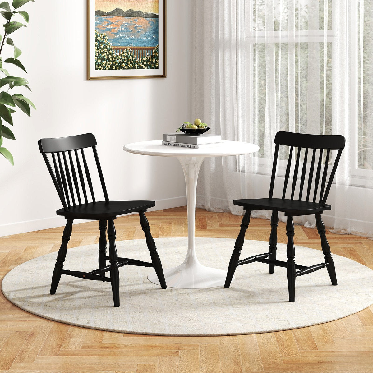 Set of 2 Windsor Dining Chairs with Curved Spindle Back and Turned Legs, Black