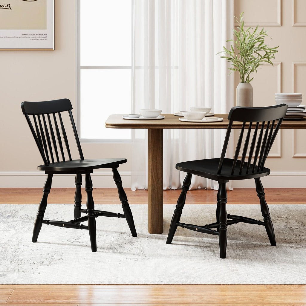 Set of 2 Windsor Dining Chairs with Curved Spindle Back and Turned Legs, Black