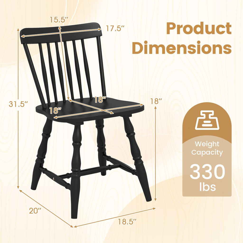 Set of 2 Windsor Dining Chairs with Curved Spindle Back and Turned Legs, Black