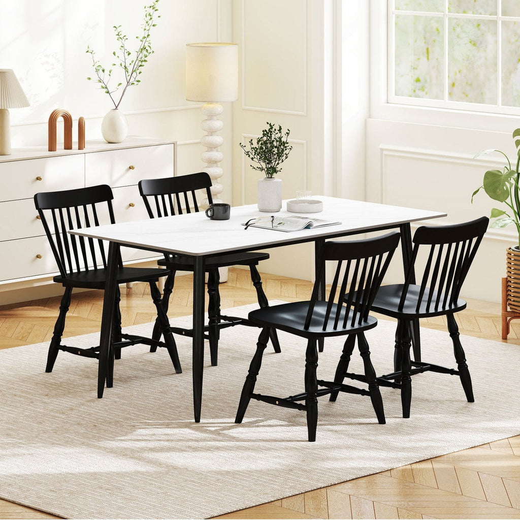 Set of 2 Windsor Dining Chairs with Curved Spindle Back and Turned Legs, Black