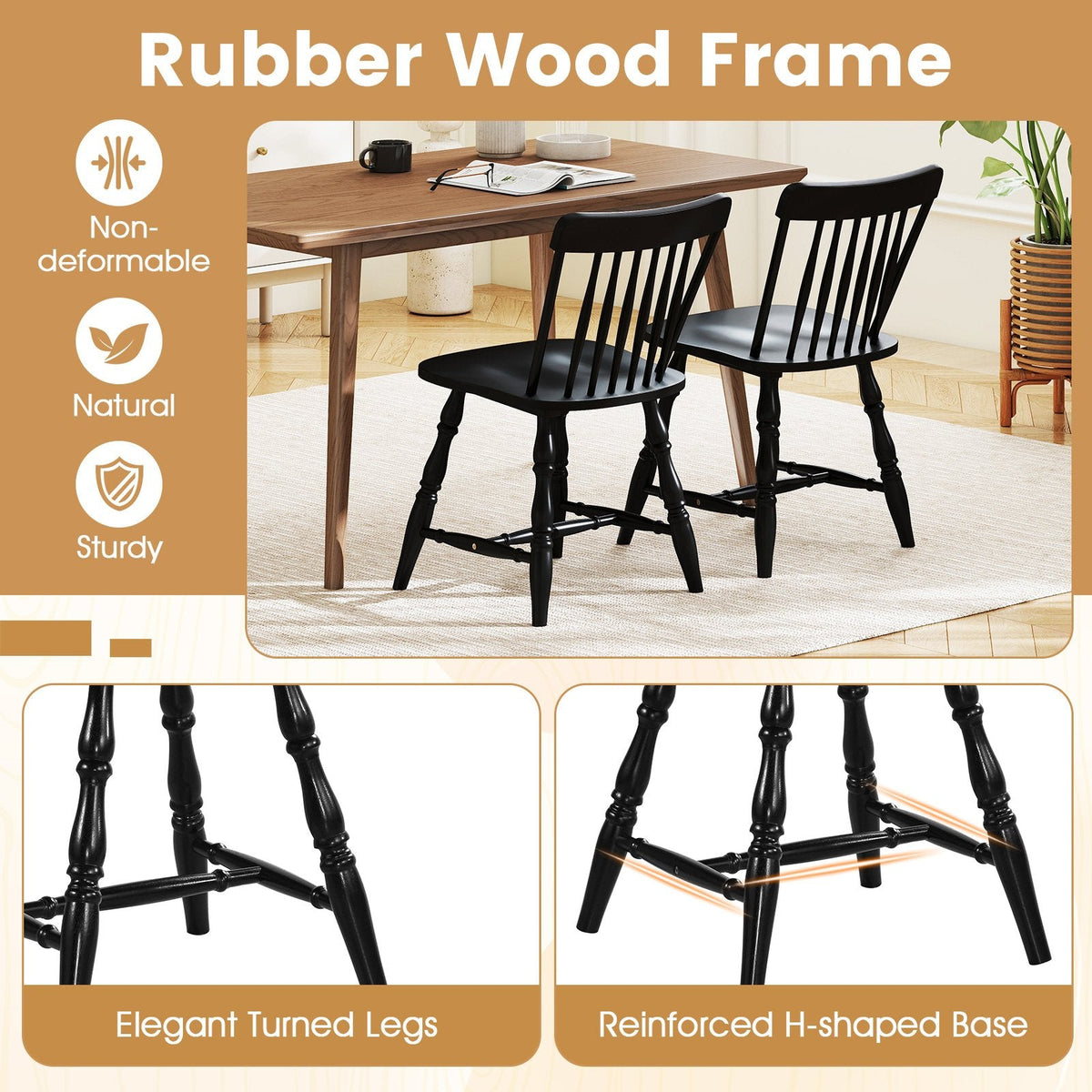 Set of 2 Windsor Dining Chairs with Curved Spindle Back and Turned Legs, Black