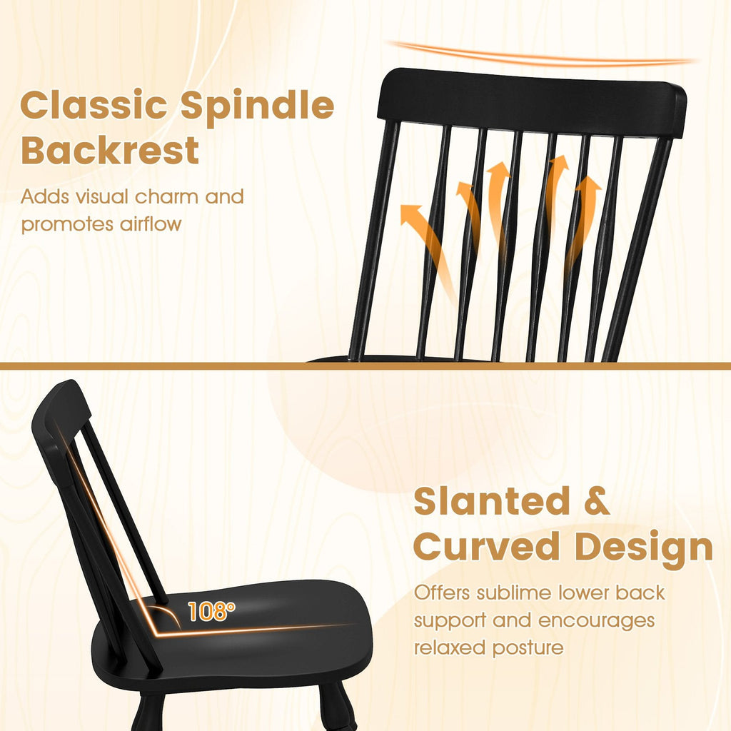 Set of 2 Windsor Dining Chairs with Curved Spindle Back and Turned Legs, Black