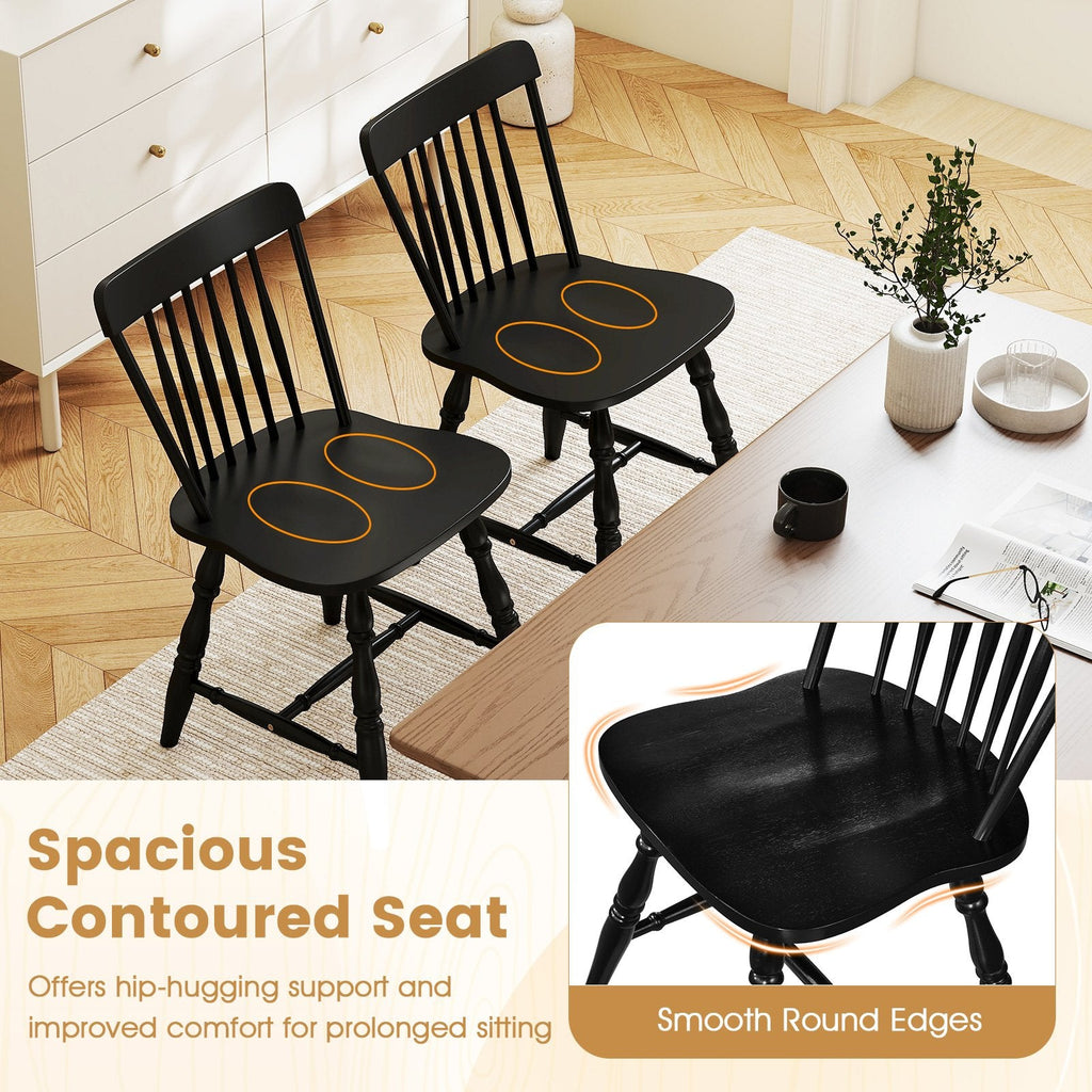 Set of 2 Windsor Dining Chairs with Curved Spindle Back and Turned Legs, Black