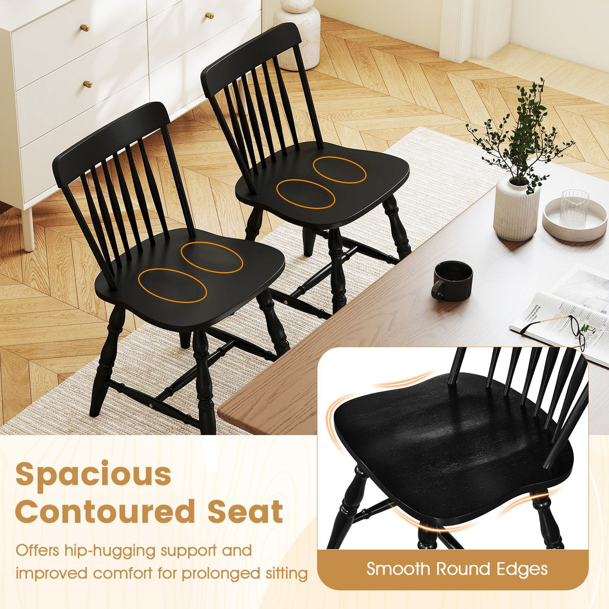 Set of 2 Windsor Dining Chairs with Curved Spindle Back and Turned Legs, Black