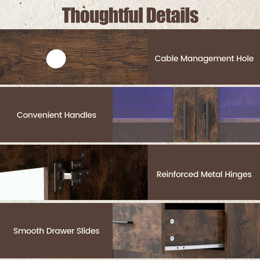 Wine Bar Cabinet with LED Lights and Charging Station-Rustic Brown