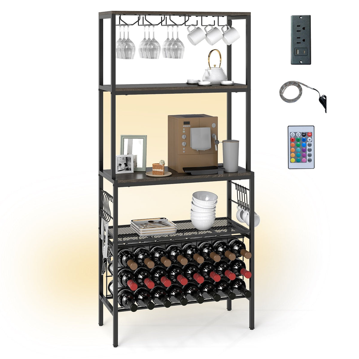 Wine Organizer with Power Outlet and Bottle Holders-Gray