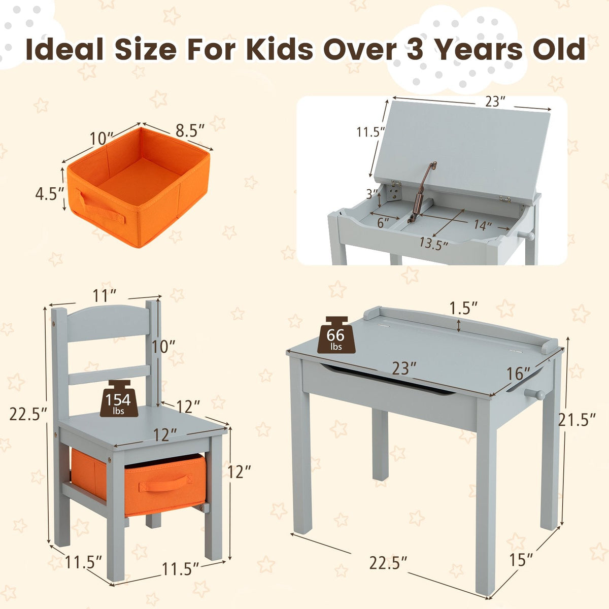 Wood Activity Kids Table and Chair Set with Storage Space-Gray