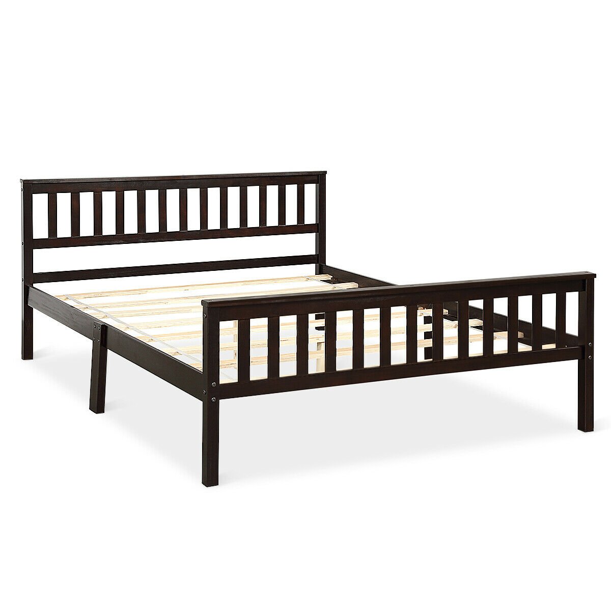 Queen Solid Pine Bed Frame with Slatted Headboard and 24 Inch Footboard, Espresso