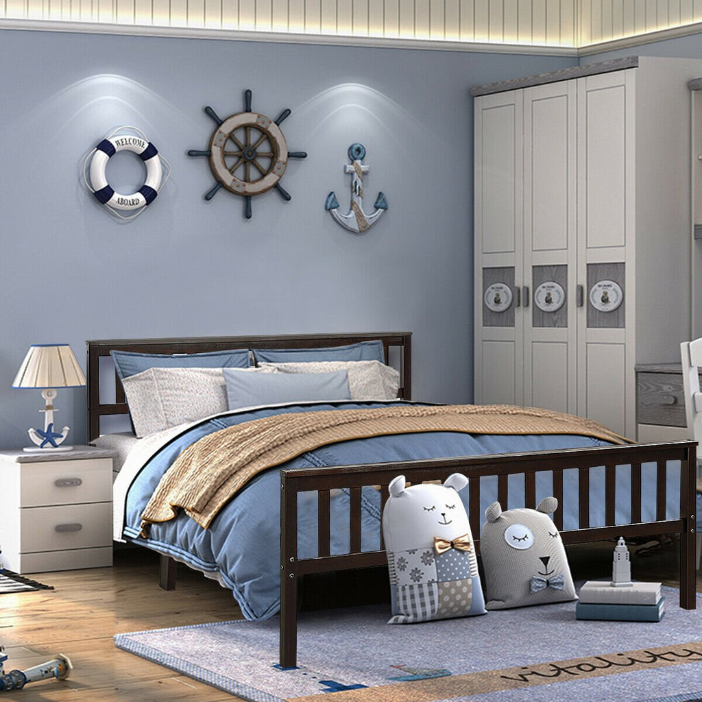Queen Solid Pine Bed Frame with Slatted Headboard and 24 Inch Footboard, Espresso