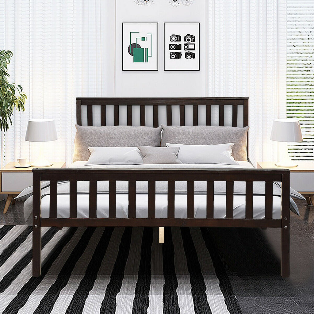 Queen Solid Pine Bed Frame with Slatted Headboard and 24 Inch Footboard, Espresso