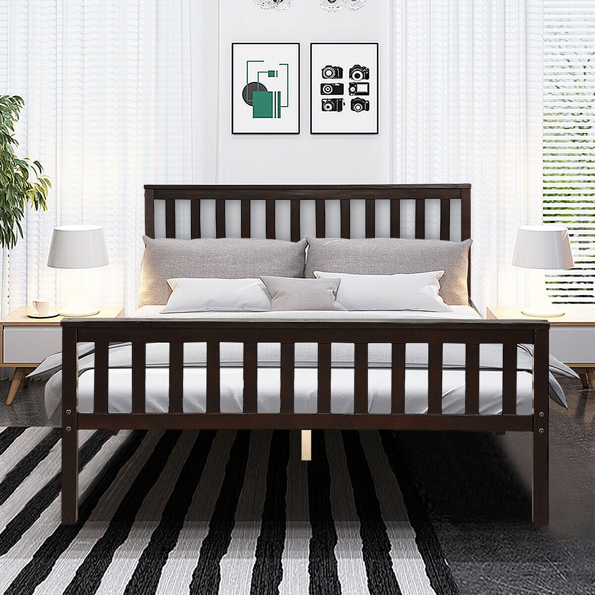 Queen Solid Pine Bed Frame with Slatted Headboard and 24 Inch Footboard, Espresso