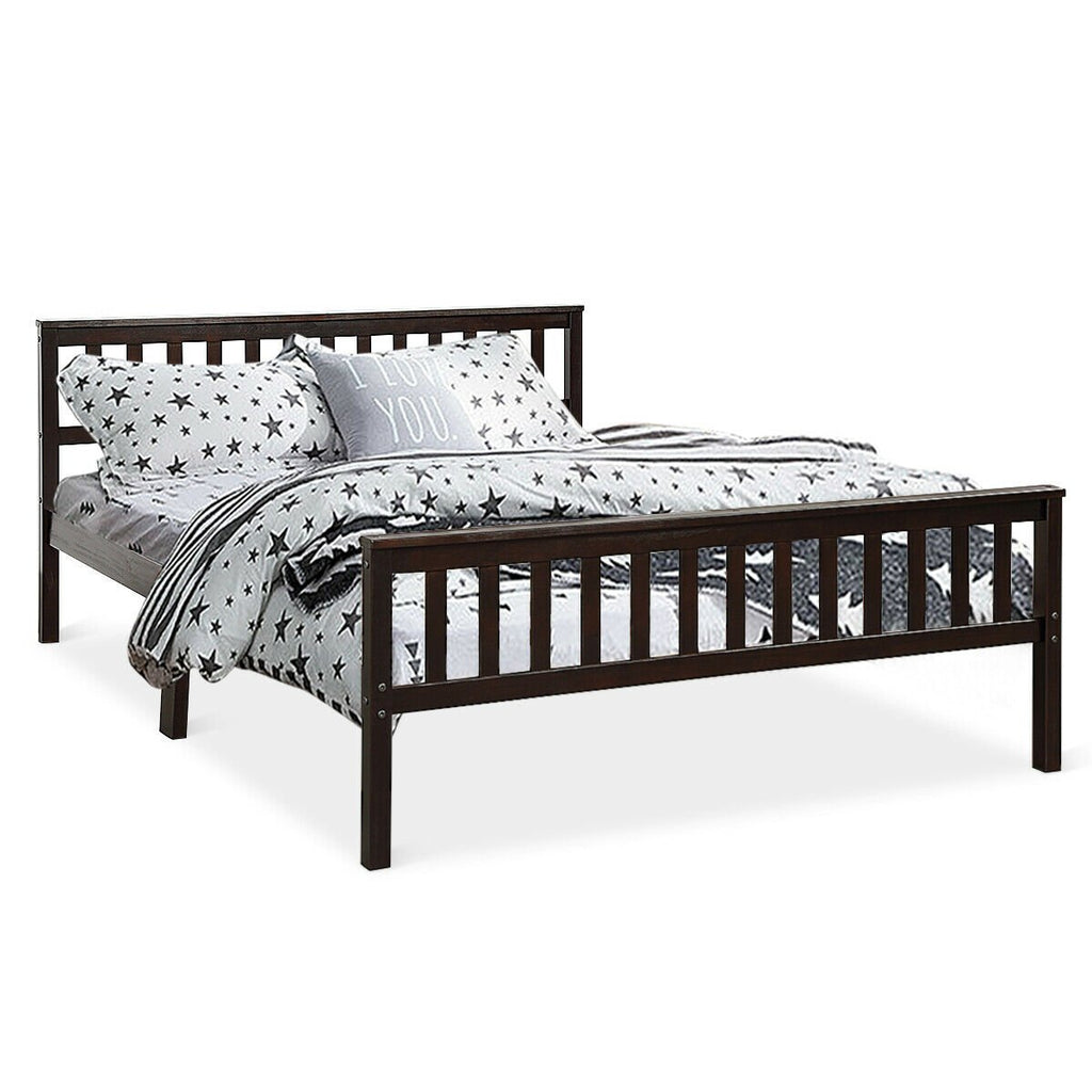 Queen Solid Pine Bed Frame with Slatted Headboard and 24 Inch Footboard, Espresso