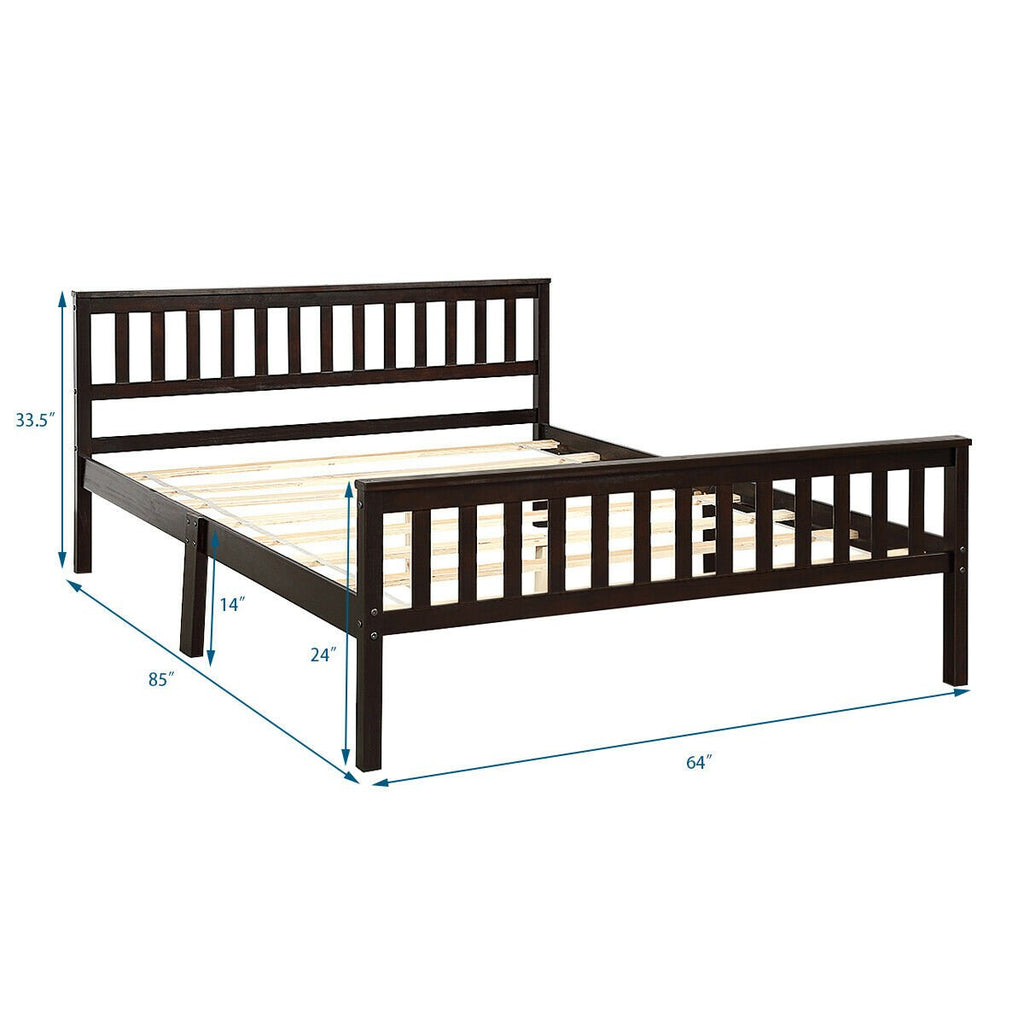 Queen Solid Pine Bed Frame with Slatted Headboard and 24 Inch Footboard, Espresso