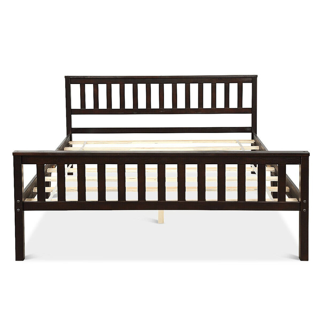 Queen Solid Pine Bed Frame with Slatted Headboard and 24 Inch Footboard, Espresso