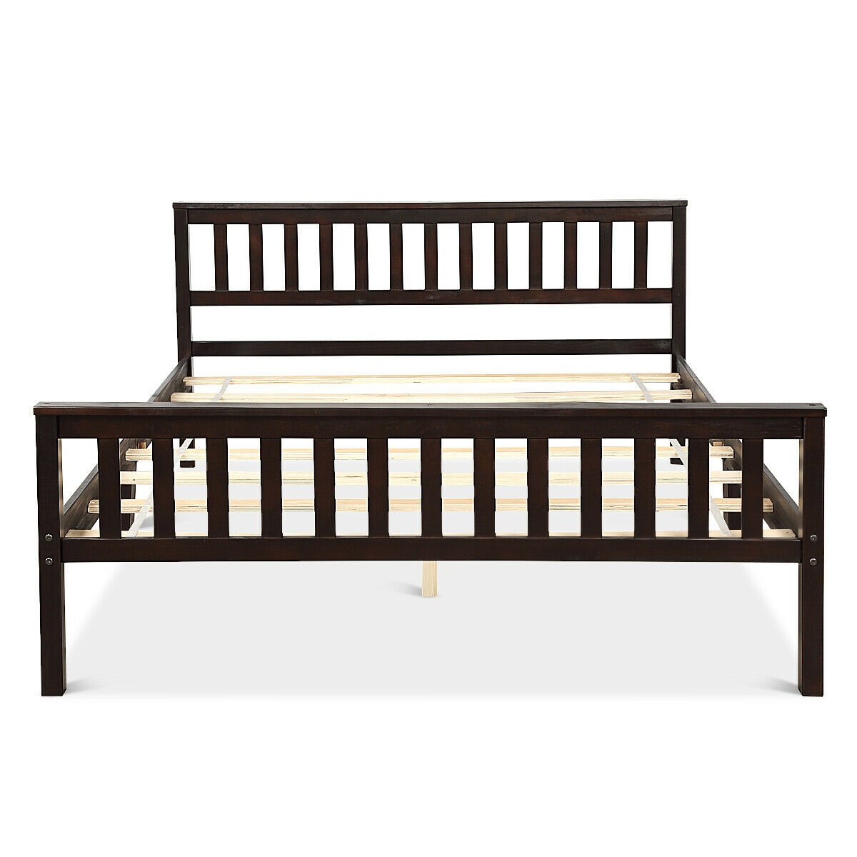 Queen Solid Pine Bed Frame with Slatted Headboard and 24 Inch Footboard, Espresso