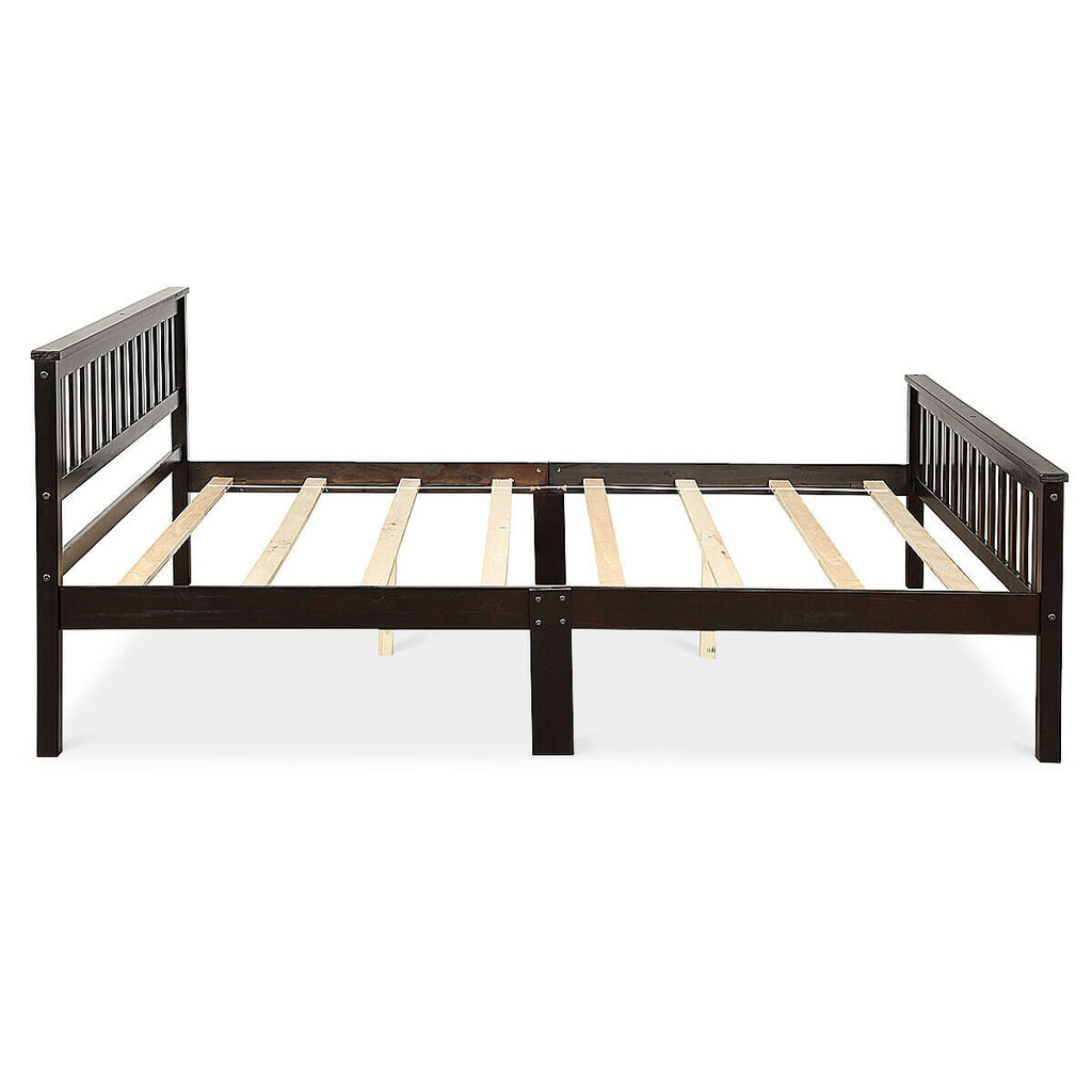 Queen Solid Pine Bed Frame with Slatted Headboard and 24 Inch Footboard, Espresso